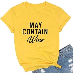 May Contain Wine Yellow Graphic Tee - Women Tops size XL